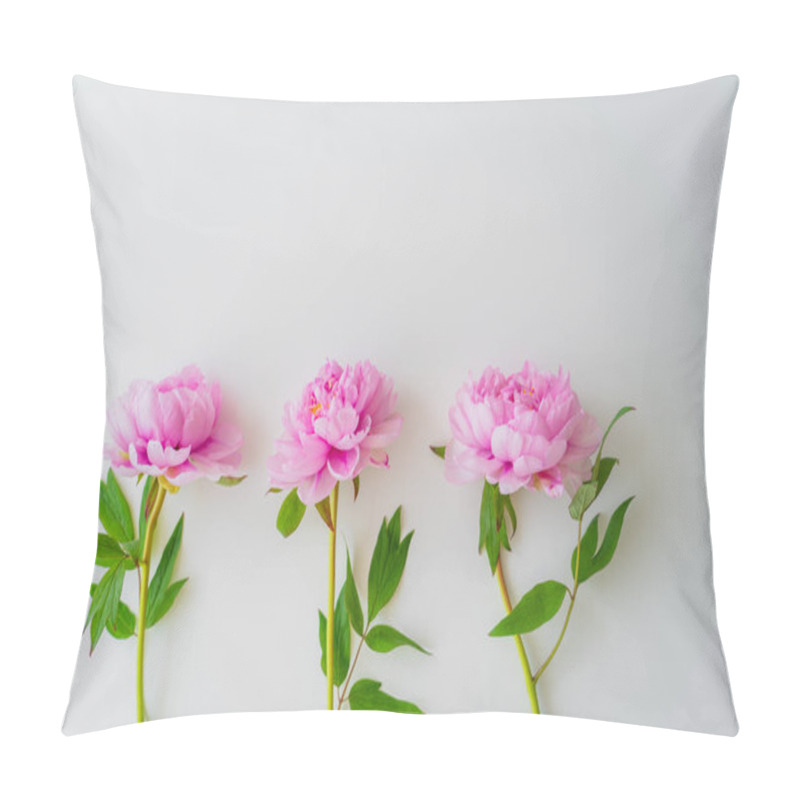 Personality  Top View Of Pink Peonies With Green Leaves On White Background Pillow Covers