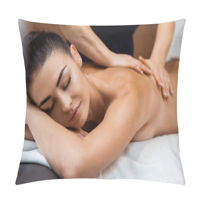 Personality  Beautiful Young Woman With Closed Eyes Having Massage In Spa  Pillow Covers