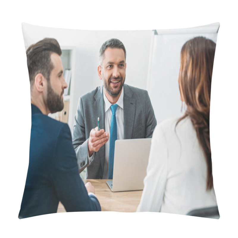 Personality  Selective Focus Of Handsome Advisor In Suit Talking With Investors At Office  Pillow Covers