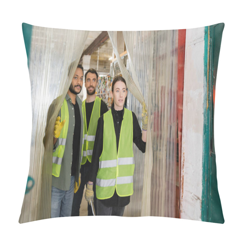 Personality  Young Worker In Protective Gloves And Vest Holding Digital Tablet While Standing Near Interracial Colleagues And Entrance Of Waste Disposal Station, Garbage Sorting And Recycling Concept Pillow Covers