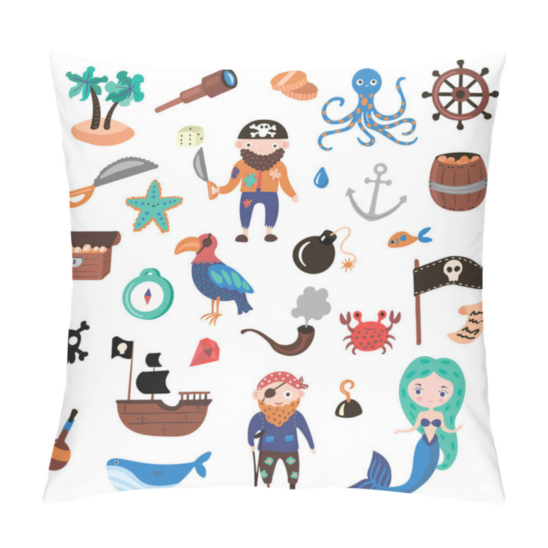 Personality  Set Of Pirates Vector Cartoon Objects. Adventures And Pirate Party For Kindergarten. Children Adventure, Treasure, Pirates, Octopus, Whale, Ship - Kids Drawing Vector Cartoon Objects About Pirates And Pillow Covers