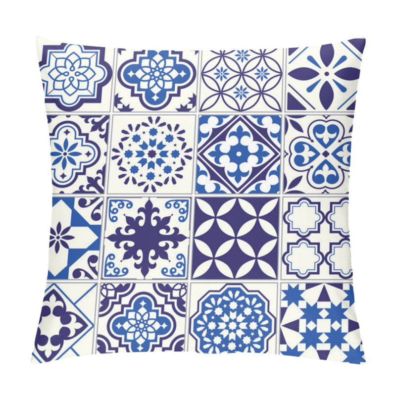 Personality  Vector Tile Pattern, Lisbon Floral Mosaic, Mediterranean Seamless Navy Blue Ornament Pillow Covers