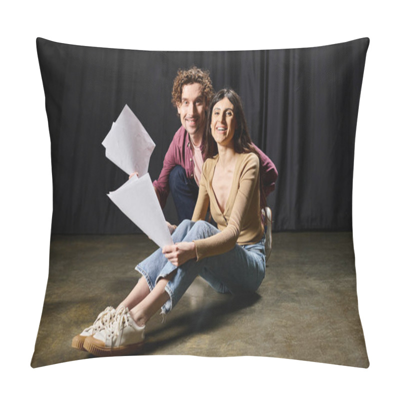 Personality  A Man And Woman, Immersed In Rehearsal, Sit Holding Papers On The Ground. Pillow Covers