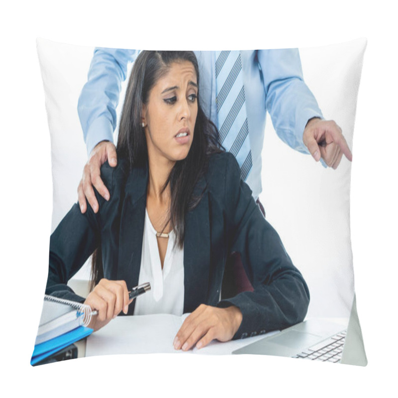 Personality  Uncomfortable Scared Woman Being Harass By Her Boss At Office In Sexual Harassment At Work Place, Women Rights, Sexual Abuse Concept Isolated In White Background. Pillow Covers