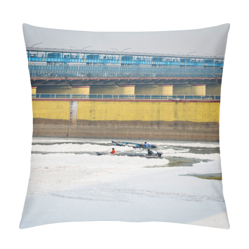 Personality  Industrial And Domestic Effluents Toxic Foam Of Polluted River Diluting By Speed Boat Video Is Taken At Yamuna River Okhla Barrage Delhi India On Nov 04 2024. Pillow Covers