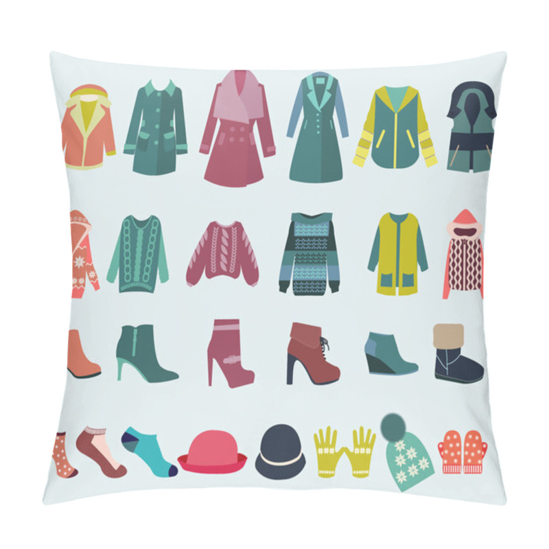 Personality  Vector Set Icon Of Winter Clothes And Accessories  - Illustratio Pillow Covers