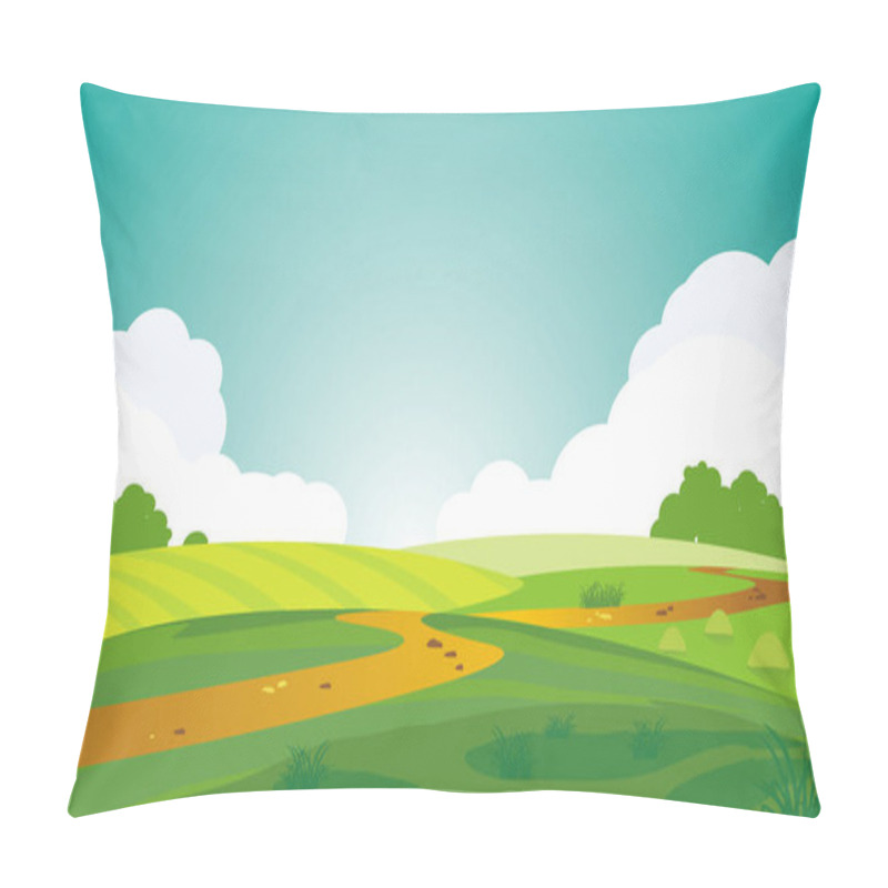 Personality  Vector Illustration Of A Serene Landscape, Beautiful Summer Dawn, Green Hills, Arable Land And Winding Path, Bright Color Blue Sky, Country Background In Flat Cartoon Style. Pillow Covers