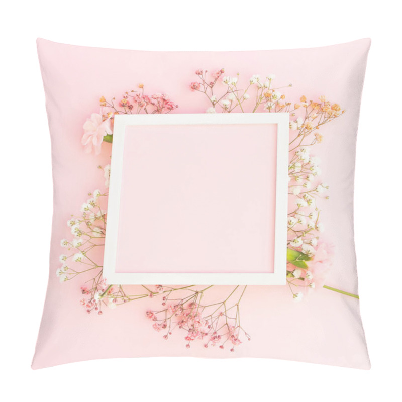 Personality  Creative Spring Greeting Card Design. Branches Of White, And Pink  Gypsophila And Fresh Carnations  Flowers With  Square Photo Frame On Pastel Pink Bright Background.  Easter, Birthday, Happy Women's Day, Mother's Day. Flat Lay, Top View. Copy Space. Pillow Covers