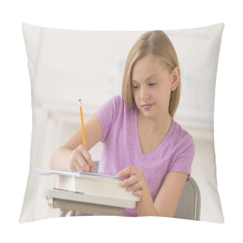 Personality  Schoolgirl Writing Notes In Book At Classroom Pillow Covers