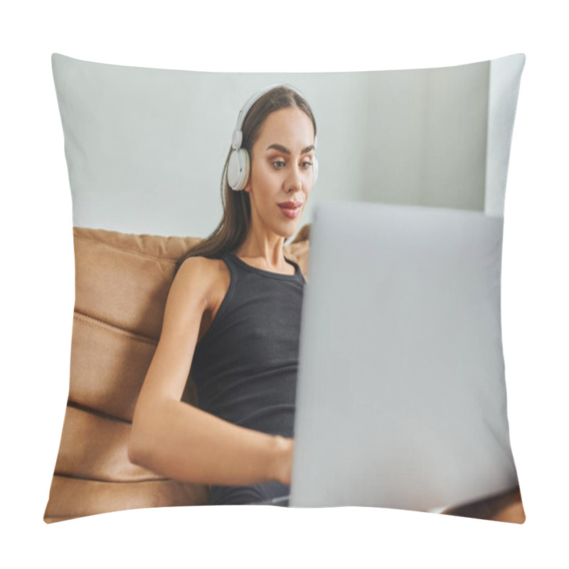 Personality  Pretty Woman In Wireless Headphones Using Laptop And Sitting On Bean Bag Chair, Remote Work Pillow Covers