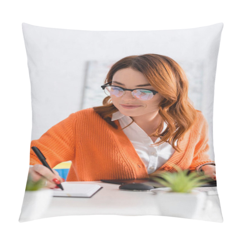 Personality  Smiling Woman In Eyeglasses Writing In Notebook Near Graphic Tablet At Home Pillow Covers