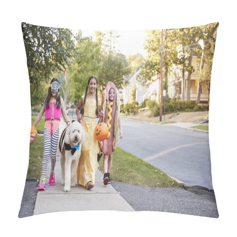 Personality  Children And Dog In Halloween Costumes For Trick Or Treating Pillow Covers