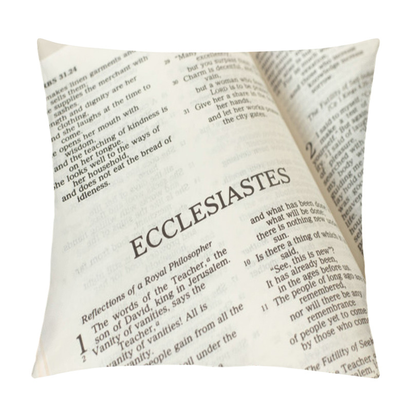 Personality  Ecclesiastes Holy Bible Old Testament Open Book. Studying The Scriptures. Christian Biblical Concept. Reading The Word Of God Jesus Christ. A Close-up. Pillow Covers