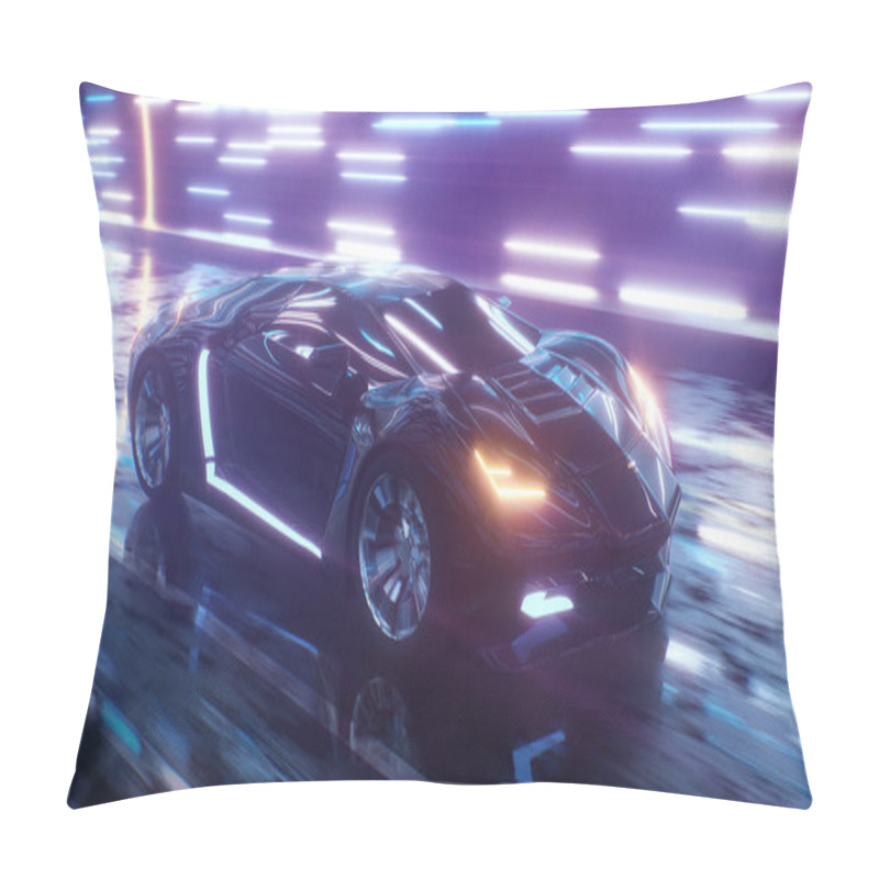 Personality  Futuristic Sports Car High Speed Drive With Neon Background. Pillow Covers