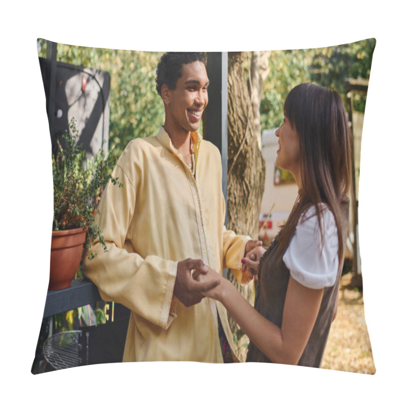 Personality  An Interracial Couple Standing Side By Side In Front Of A Camper Van, Enjoying A Romantic Getaway In A Serene Natural Environment. Pillow Covers