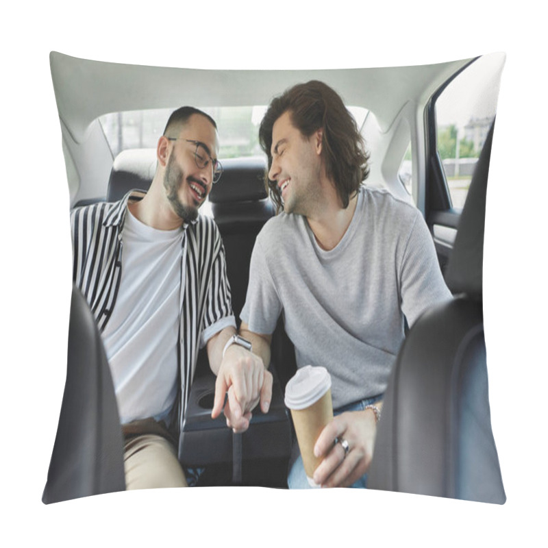 Personality  Two Men Laugh Together While Holding Hands In The Backseat Of A Car. Pillow Covers