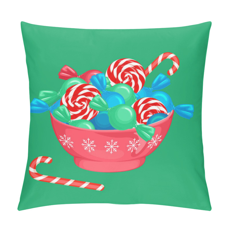 Personality  Christmas Candy In Red Bowl On Green Background. Vector Cartoon Illustration Of Sweets. Pillow Covers