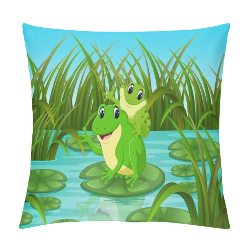 Personality  River Scene With Happy Frog On Leaf Pillow Covers