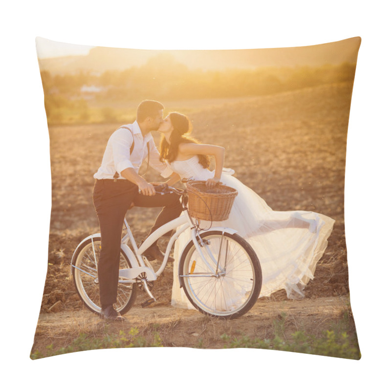 Personality  Bride And Groom With A White Wedding Bike Pillow Covers