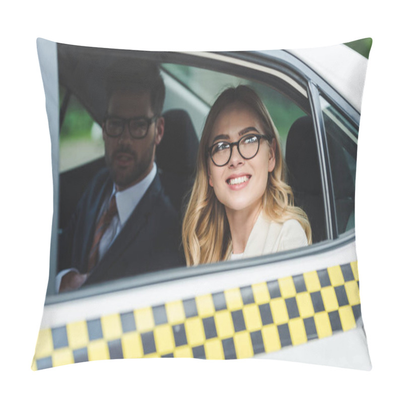 Personality  Smiling Young Woman In Eyeglasses Looking At Window While Sitting With Handsome Man In Taxi Pillow Covers