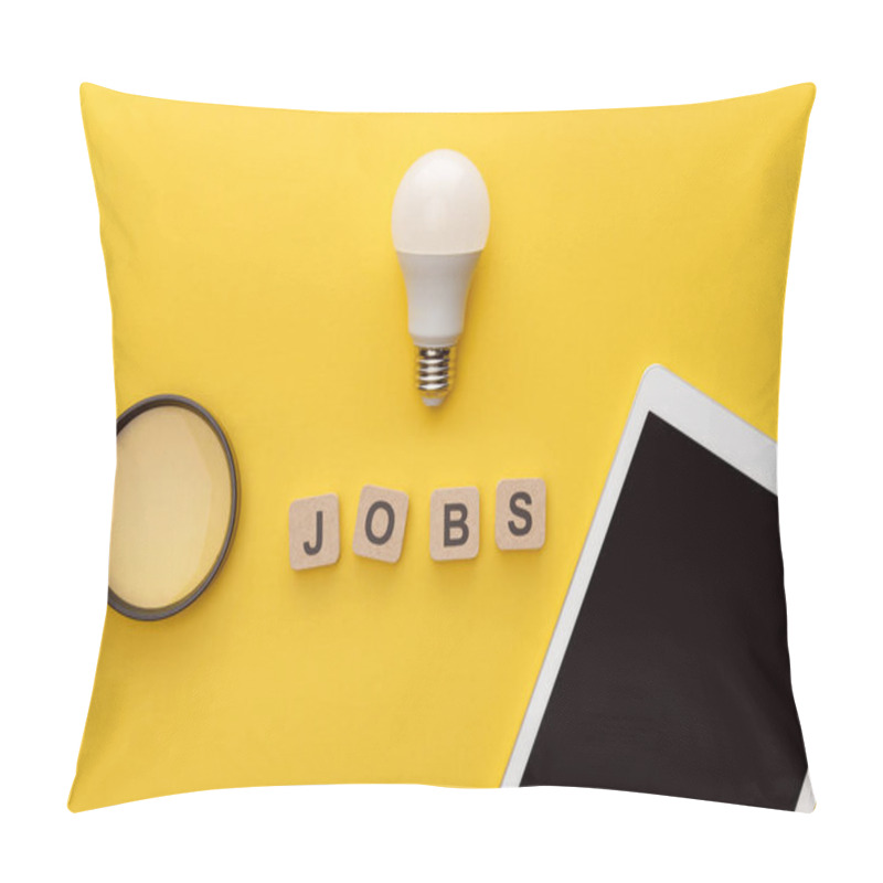 Personality  Top View Of Light Bulb, Magnifying Glass, Digital Tablet And Cardboard Squares With Jobs Inscription On Yellow Background Pillow Covers