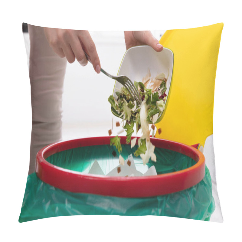 Personality  Close-up Of A Woman's Hand Throwing Vegetables In Trash Bin Pillow Covers