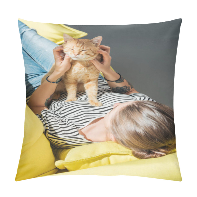 Personality  High Angle View Of Girl Playing With Cute Red Cat While Lying On Yellow Couch Pillow Covers