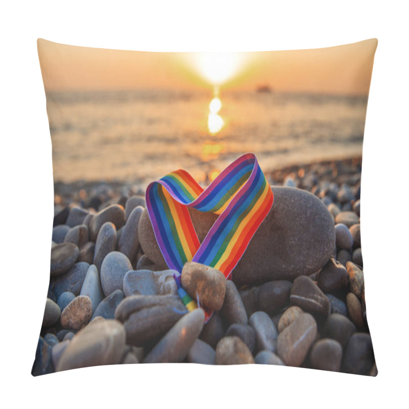 Personality  Rainbow Ribbon In The Shape Of A Heart - A Symbol Of LGBT On Stones By The Sea At Sunset Pillow Covers