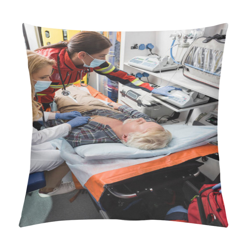 Personality  Selective Focus Of Paramedic And Doctor In Medical Masks Examining Patient With Stethoscope In Ambulance Car  Pillow Covers