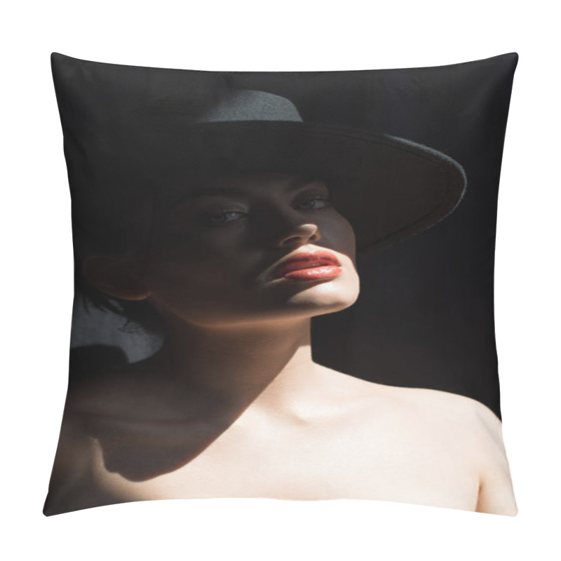 Personality  Beautiful Stylish Girl In Black Felt Hat Posing In Dark Pillow Covers