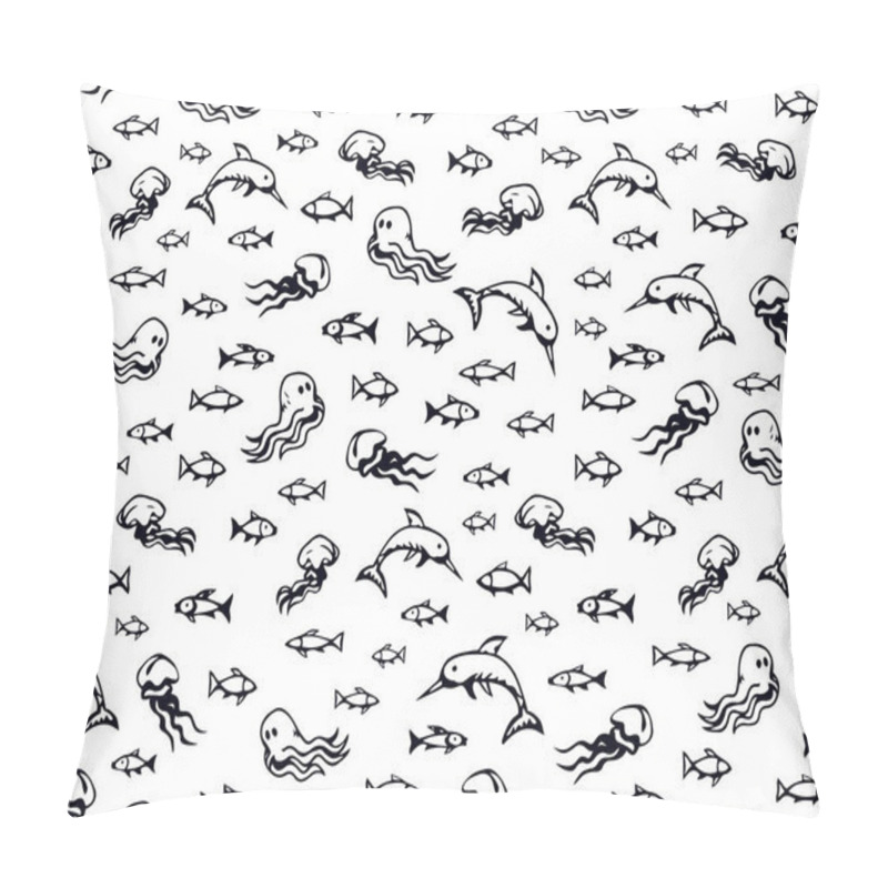 Personality  Many Cute Funny Exotic Undersea Fin Leg Squid Monsters Isolated On Deep Aqua Tracery. Freehand Line Black Ink Hand Drawn Danger Sealife Logo Sign Icon Symbol Sketch In Art Retro Doodle Style On Paper Pillow Covers