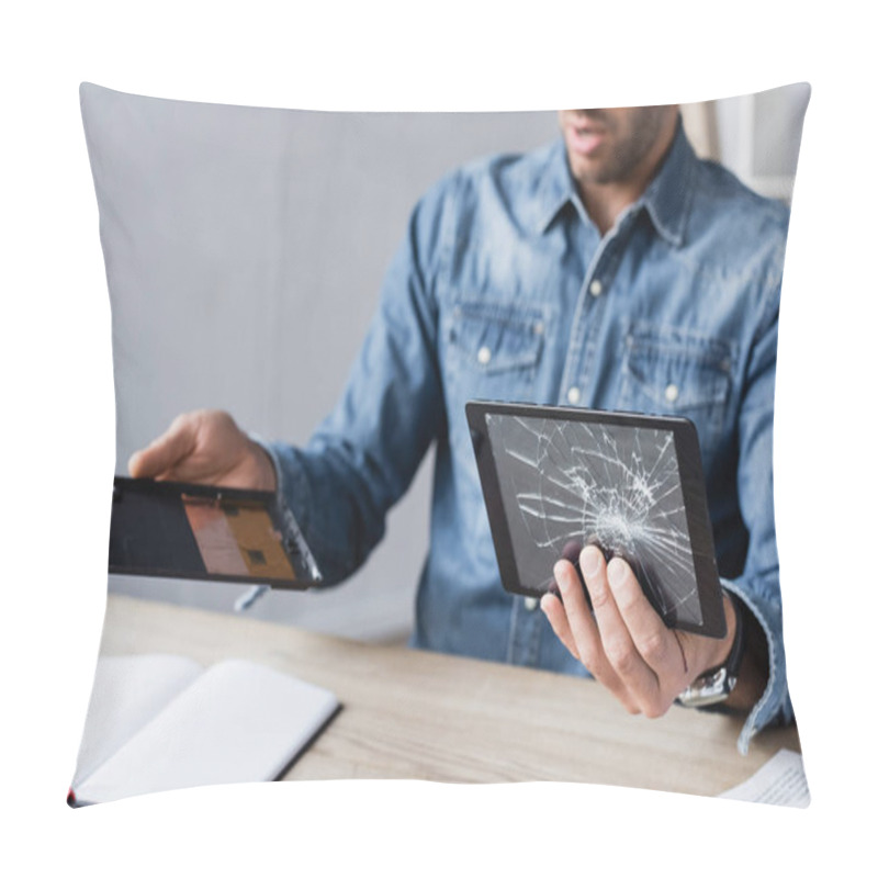 Personality  Cropped View Of Businessman Disassembling Digital Tablet And Holding Smashed Touchscreen At Table On Blurred Background Pillow Covers