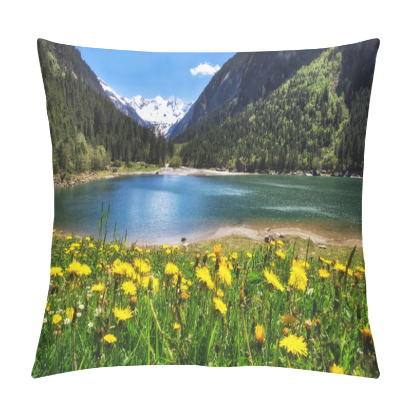 Personality  Alpine Meadow With Beautiful Dandelion Flowers Near A Lake In The Mountains. Stilluptal, Austria, Tyrol. Pillow Covers