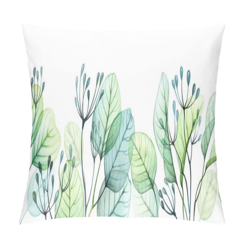 Personality  Watercolor Leaves Seamless Border. Greenery In Composition On The Horizontal Line. Hand Drawn Botanical Illustration Isolated On White. Abstract Transparent Eucalyptus Branches Design Pillow Covers