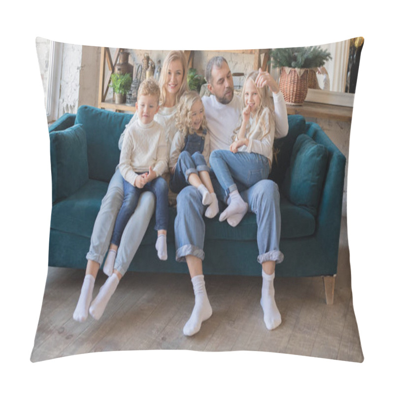 Personality  Happy Parents And Kids Having Fun Tickling Sitting Together On Sofa. Pillow Covers