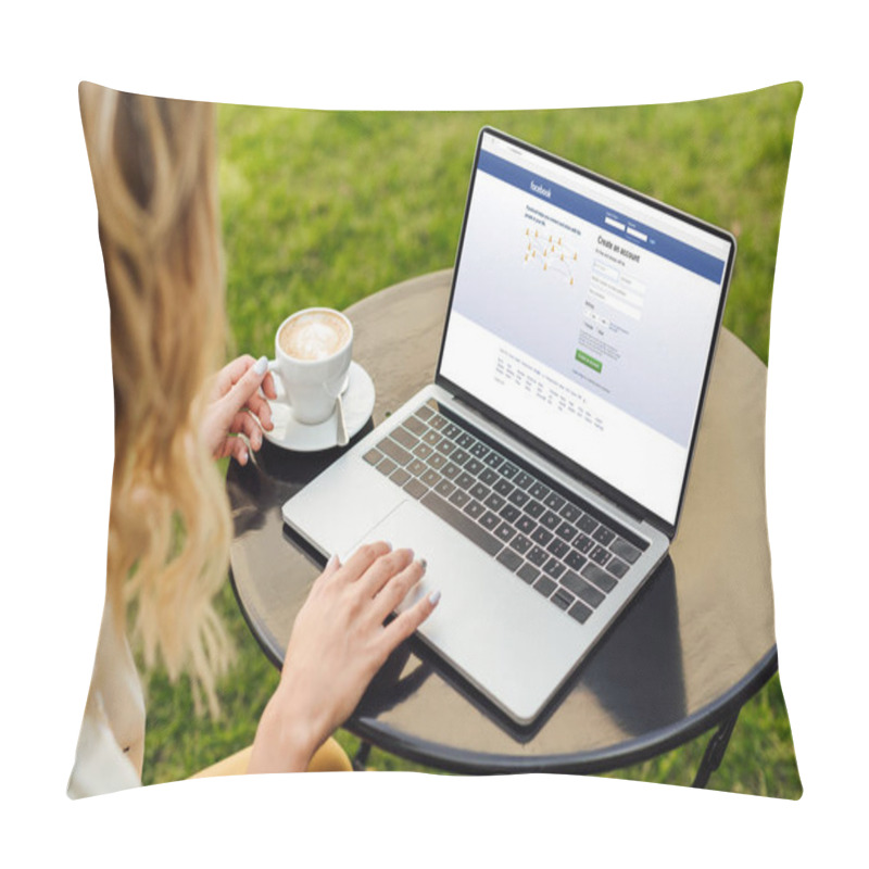 Personality  Cropped Image Of Woman Using Laptop With Loaded Facebook Page On Table In Garden Pillow Covers