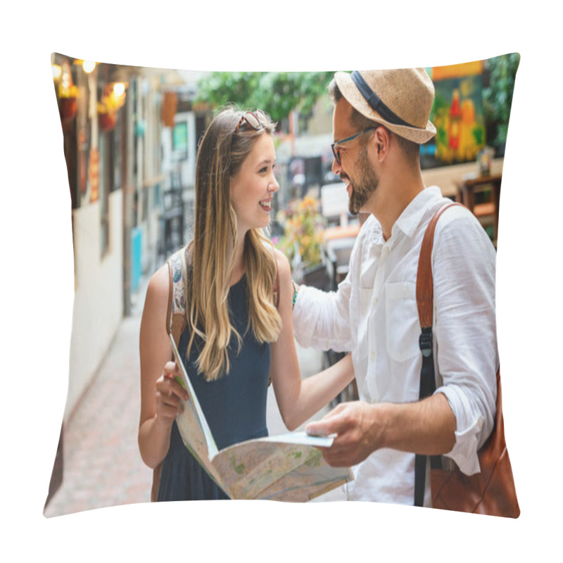 Personality  Portrait Of Happy Young Couple Having Fun On Vacation. People Travel Happiness Concept. Pillow Covers