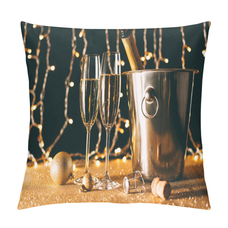 Personality  Two Glasses And Champagne Bottle In Bucket On Garland Light Background, Christmas Concept Pillow Covers