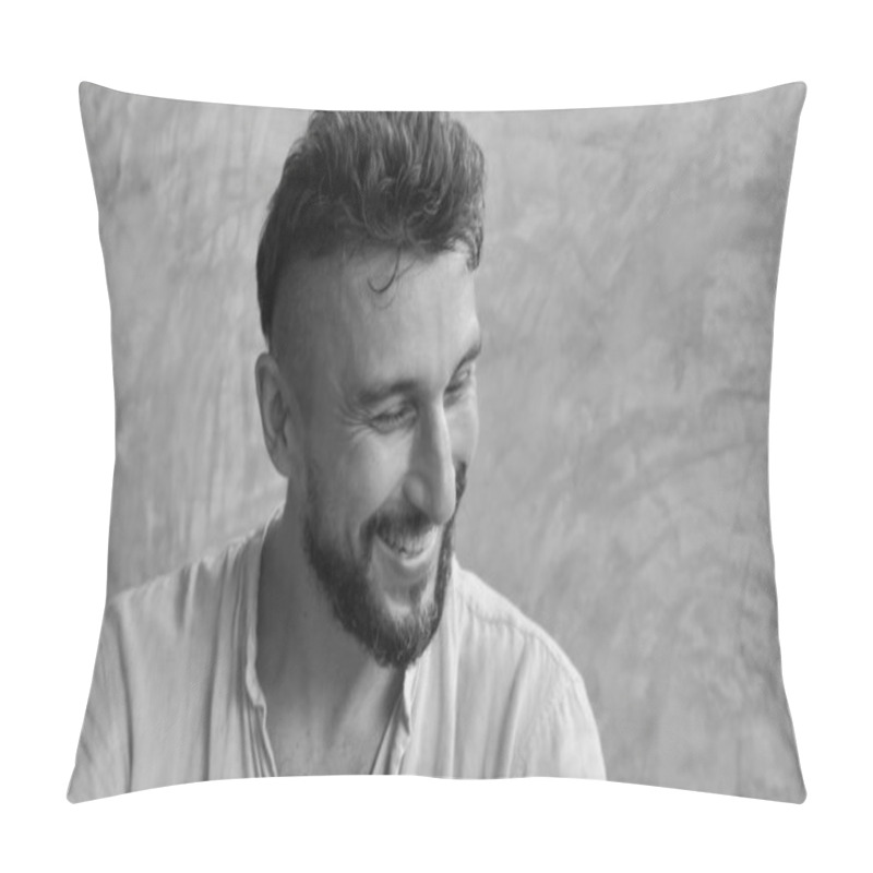 Personality  Portrait Of A Happy Adult Handsome Man In 30's  Smiling And Laughing. Indoors Pillow Covers