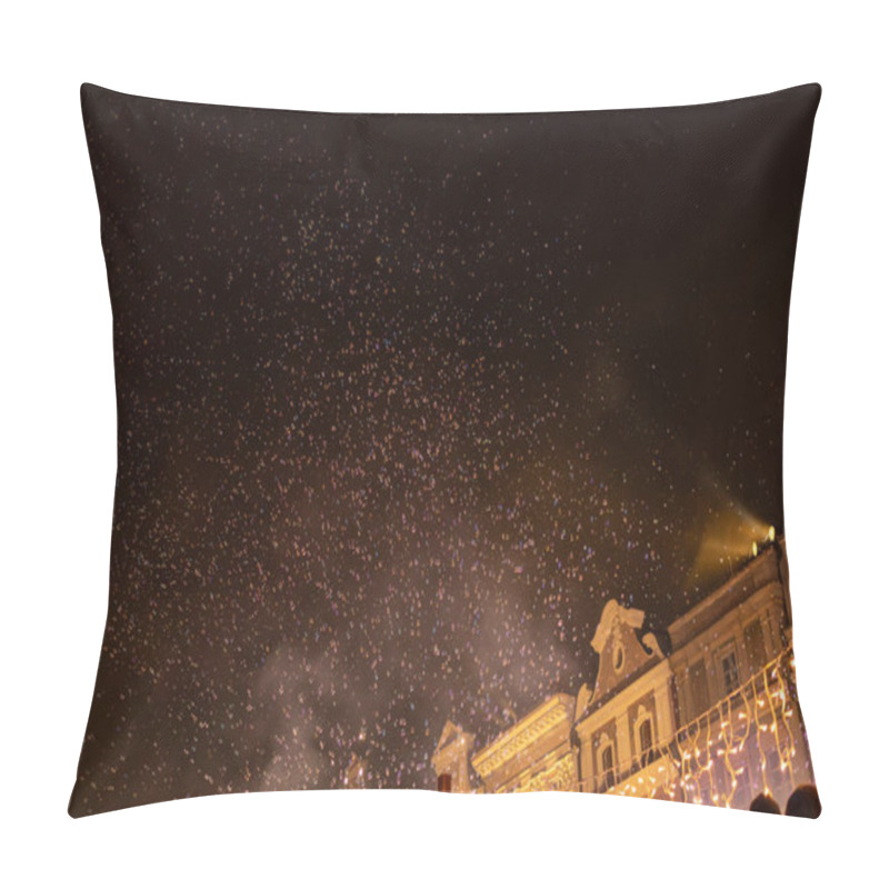 Personality  Bubbles Floating At Night Over Illuminated City Buildings, Festive Atmosphere, Glowing Decorations, Winter Holiday Scene, Dark Sky, Magical Bubble Effect Pillow Covers