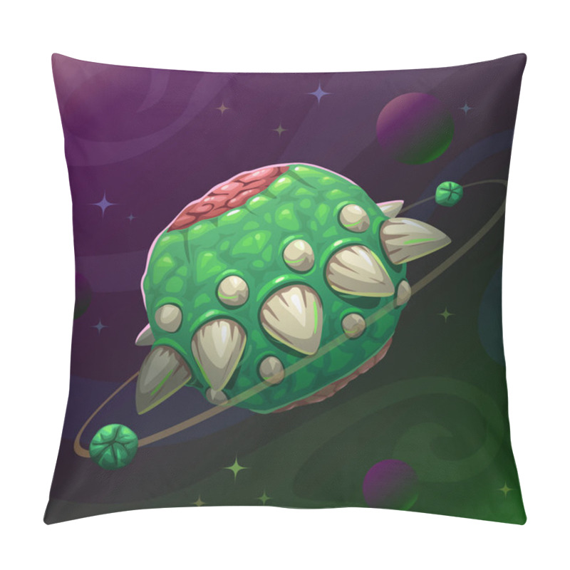 Personality  Cartoon Creepy Monster Planet With Spikes And Jaws On The Dark Space Background. Pillow Covers