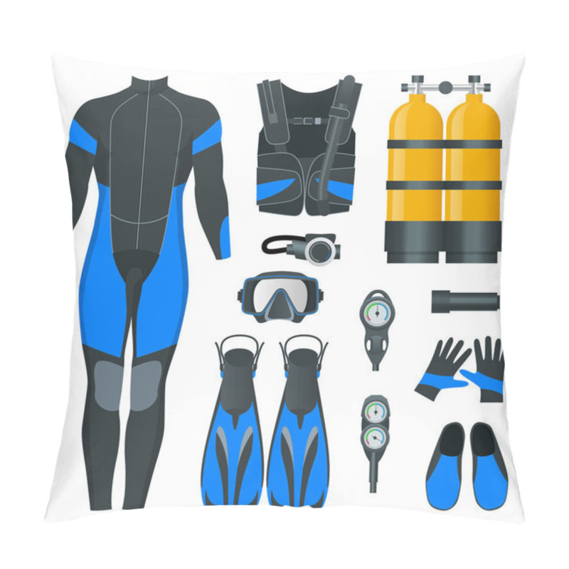 Personality  Man S Scuba Gear And Accessories. Equipment For Diving. IDiver Wetsuit, Scuba Mask, Snorkel, Fins, Regulator Dive Icons. Underwater Activity Diving Equipment And Accessories. Underwater Sport. Pillow Covers