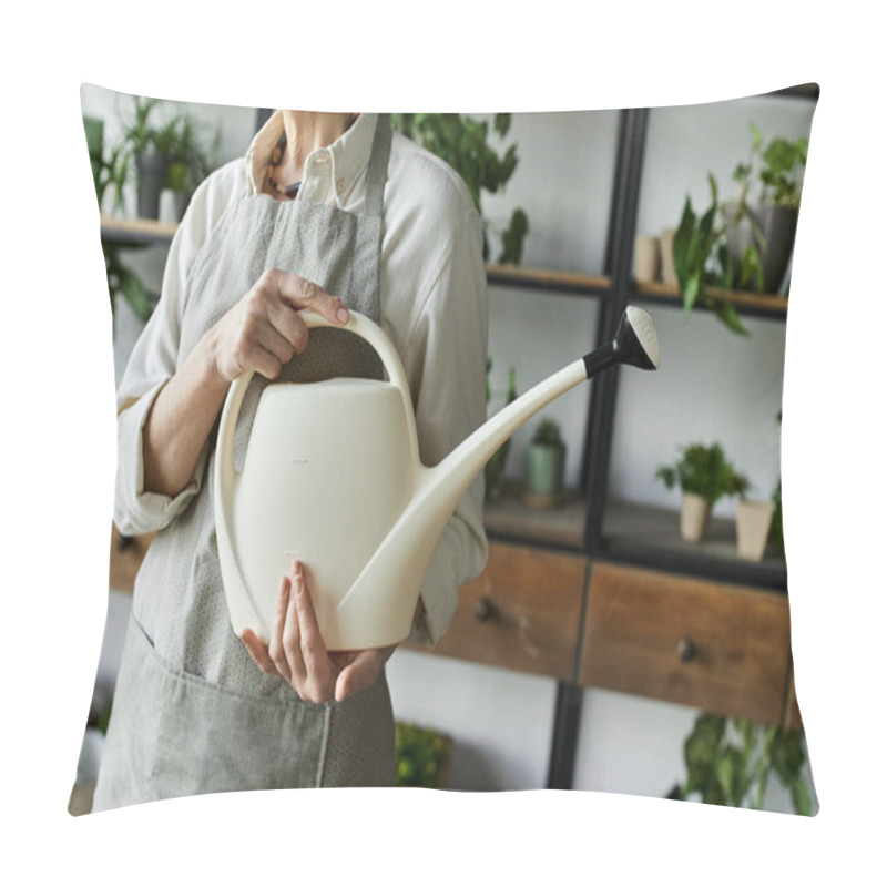 Personality  A Dedicated Gardener Lovingly Tends To Her Plants In A Serene Workspace. Pillow Covers