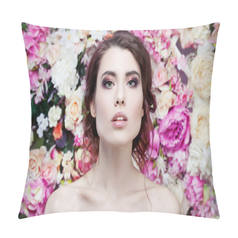 Personality  Portrait Of  Beautiful Fashion Girl, Sweet, Sensual. Beautiful Makeup And Messy Romantic Hairstyle. Flowers Background. Green Eyes. Pillow Covers