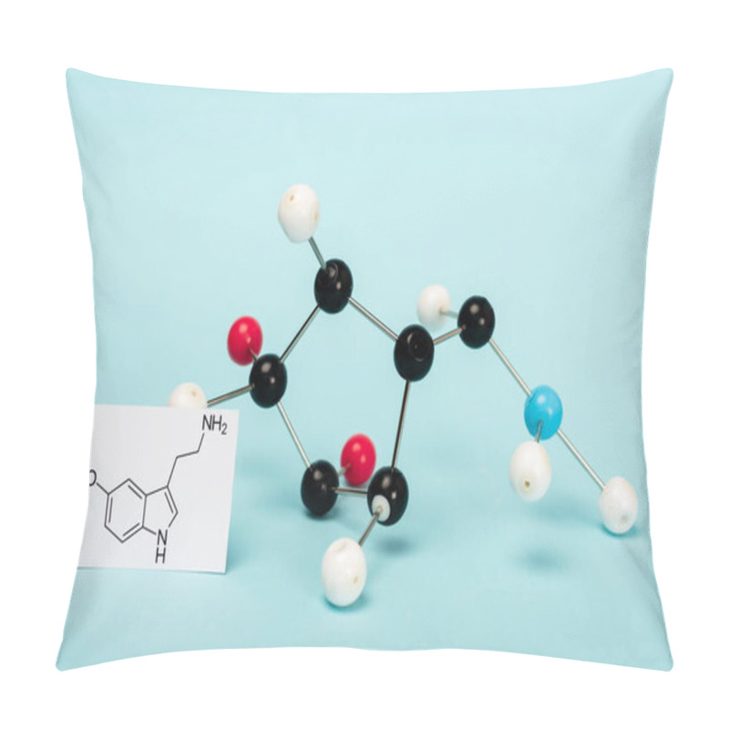 Personality  Molecular Formula Of Serotonin On Card Near Hormone Construction On Blue Background Pillow Covers