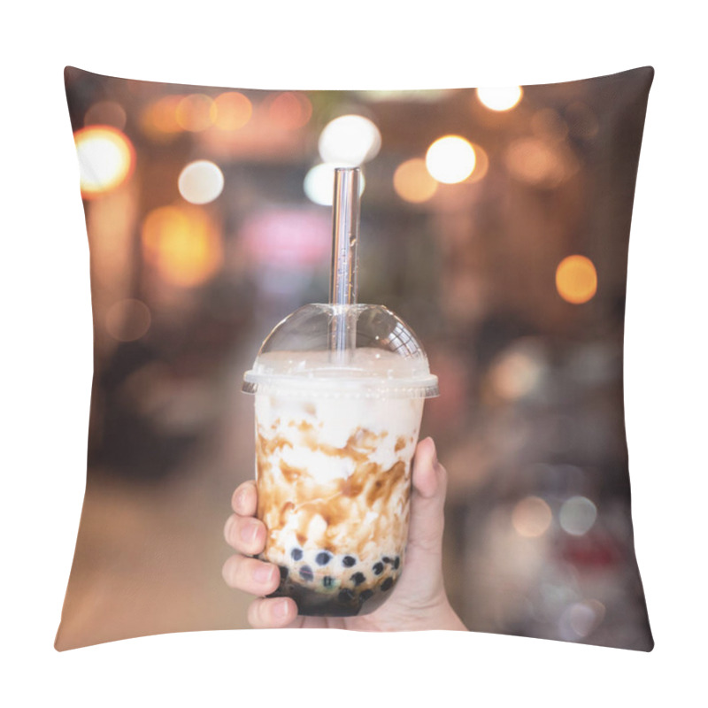 Personality  Young Woman Is Holding, Drinking Brown Sugar Flavored Tapioca Pearl Bubble Milk Tea With Glass Straw In Night Market Of Taiwan, Close Up, Bokeh Pillow Covers