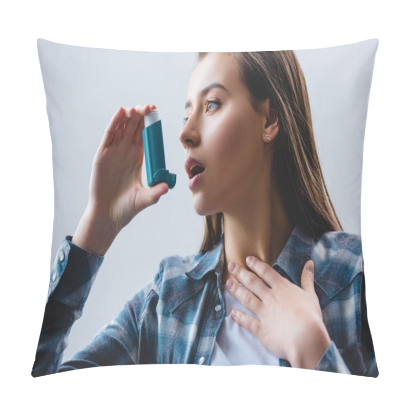 Personality  Young Woman Using Asthma Inhaler And Looking Away Isolated On Grey Pillow Covers