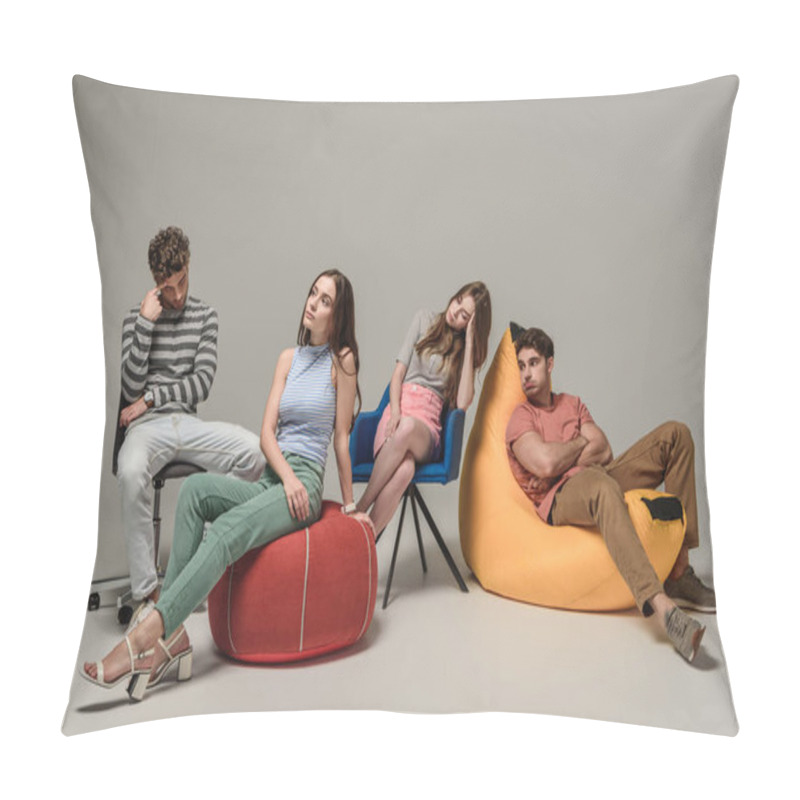 Personality  Bored Friends Sitting On Different Chairs, On Grey Pillow Covers