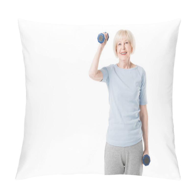 Personality  Smiling Senior Sportswoman With Dumbbells In Hands Isolated On White Pillow Covers