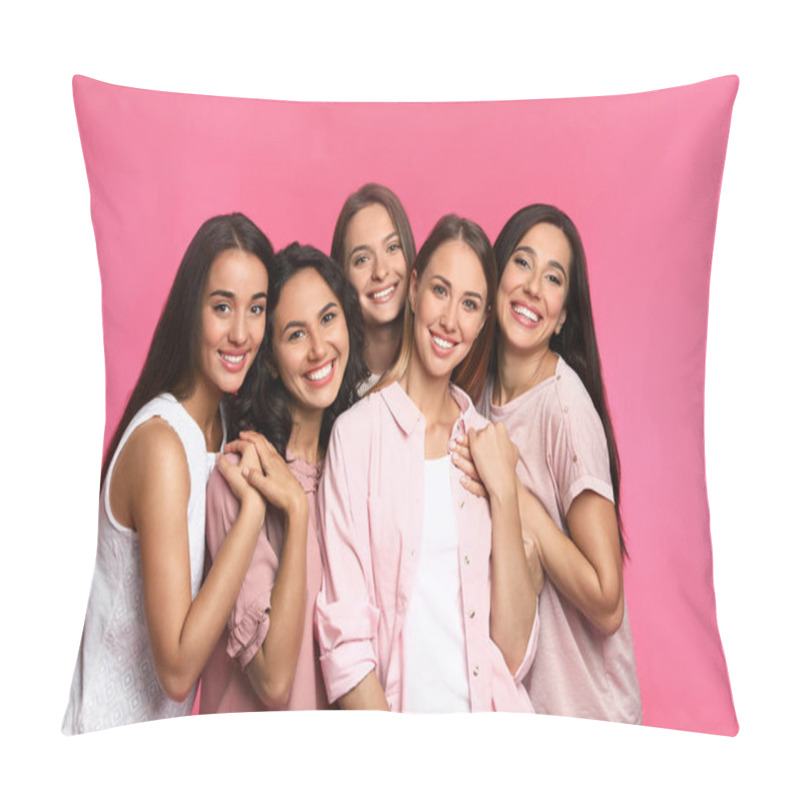 Personality  Happy Women On Pink Background. Girl Power Concept Pillow Covers